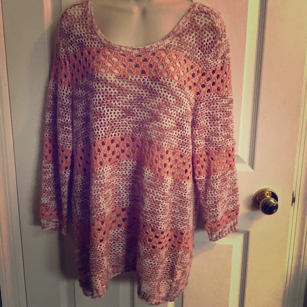 Salmon colored crocheted look sweater